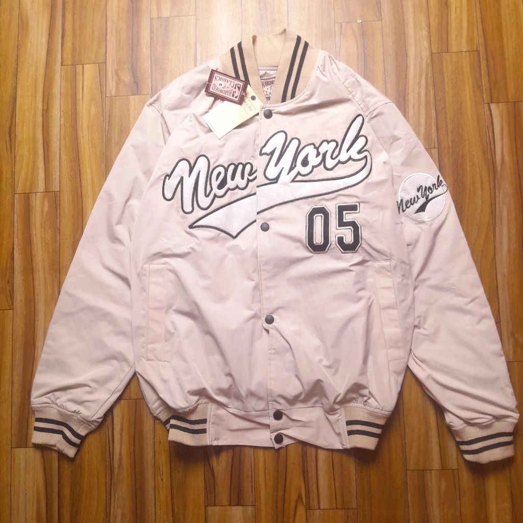 Jaket Varsity Vintage Cream Bordir New York - Unisex premium  streetwear Dewasa