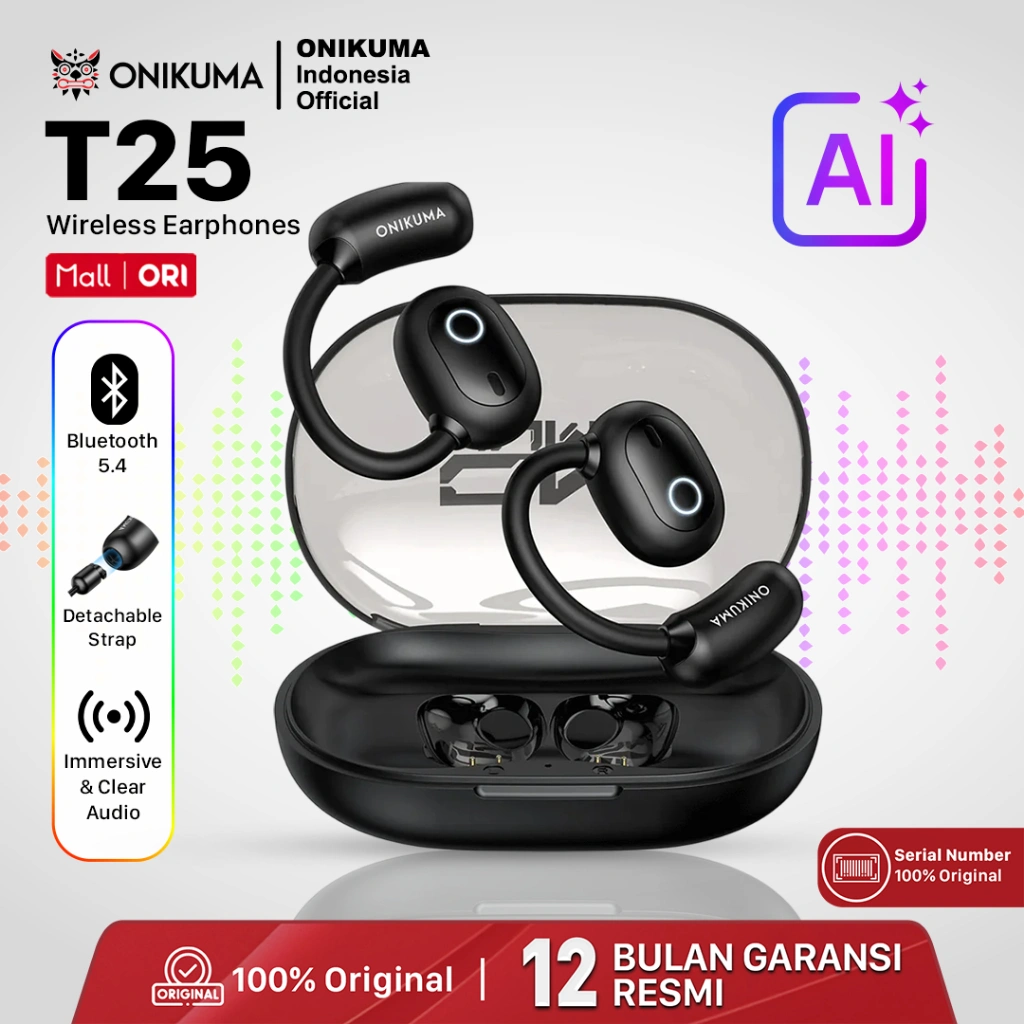 Headset Bluetooth ONIKUMA T25 TWS AI Translation Bluetooth 5.4 Air Conduction Earbuds – Open Ear Sport Wireless Headphone Gaming Musik dengan Mic Baterai Tahan Lama Suara Stereo Jernih Desain Ergonomis-ONIKUMA T25 TWS Air Conduction Earbuds Open Ear