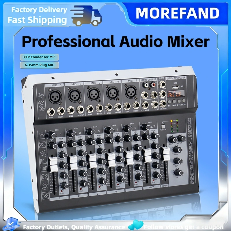 MOREFAND Professional mixer audio, GS7,4/7 channel audio mixer. 16DSP USB/MP3/Bluetooth Daya 48V, Output Multi-Interface | Dilengkapi Efek DSP, Kompatibel dengan Power Amplifier | Mixer Tahap Performa, Sambungan Langsung XLR ke Speaker + Bluetooth 5.0