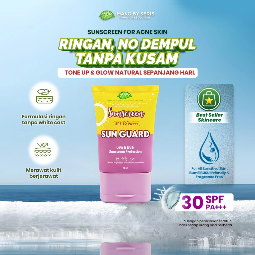 Mako by Seris Sunscreen SPF 30 PA+++ Sunblock Acne Tone Up Mencerahkan Wajah Kusam Sunscreen Kulit Berminyak Berjerawat & Bekas Jerawat Oily Sensitive Skin Non Comedogenic 40ml