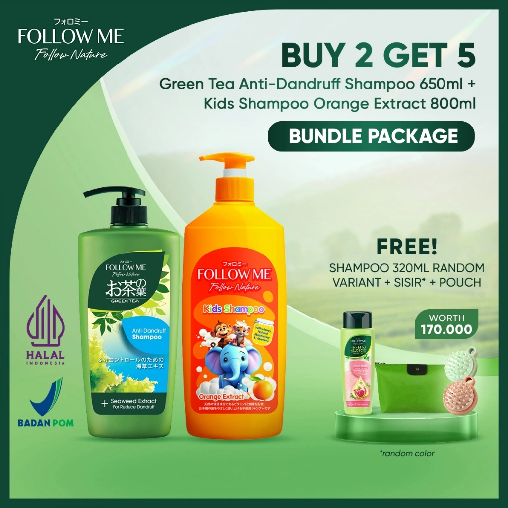 BUY 2 GET 5 - Follow Me Follow Nature Green Tea - Anti-Dandruff Shampoo 650Ml & Kids Shampoo - Orange Extract 800Ml - FREE Shampoo 320Ml Random Variant, Silicon Brush, Beauty Pouch