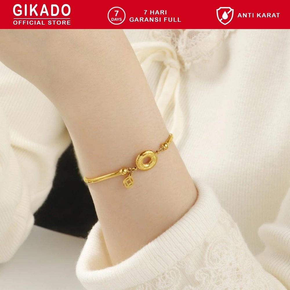 Gikado Gelang Fu Karakter Cina Titanium 18K Emas Aksesori Fashion Wanita
