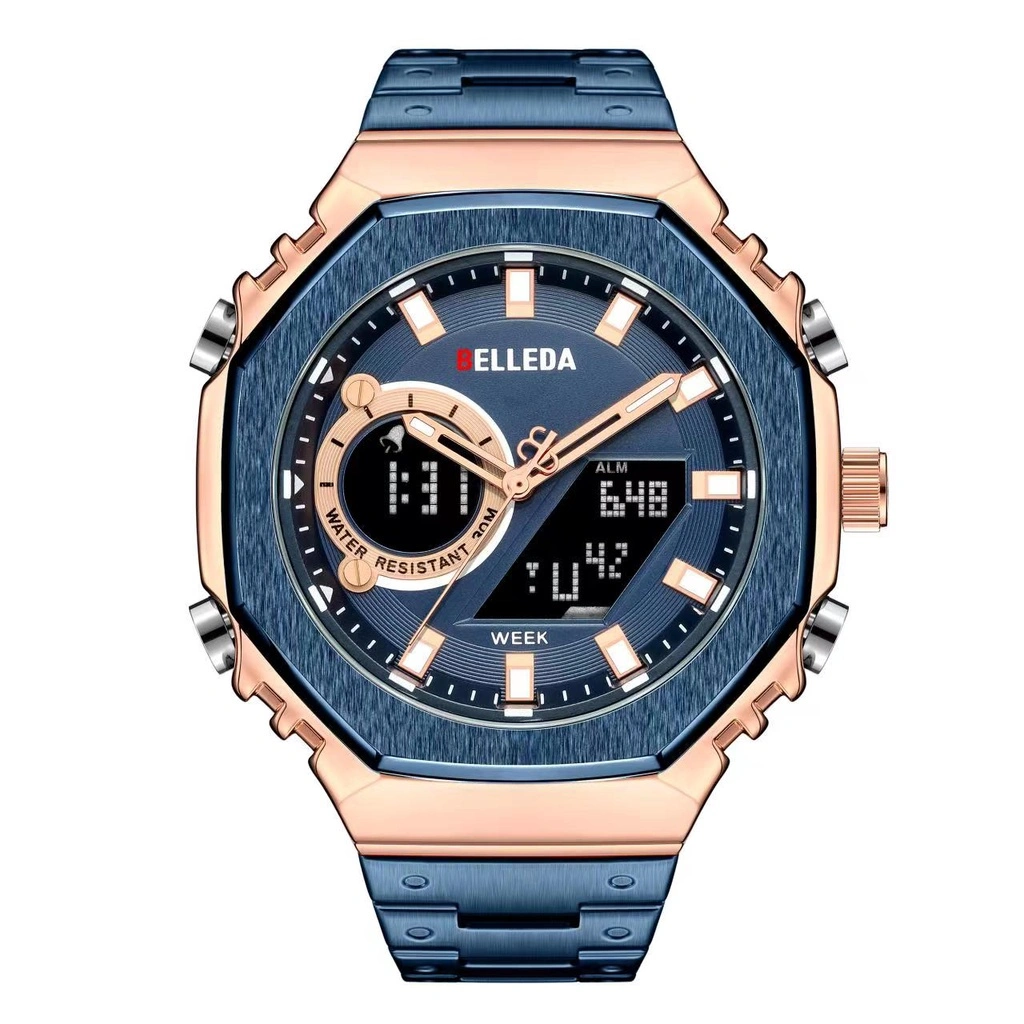 Jam Tangan Pria Belleda 9950 Dual Time Analog Digital Stainless Steel Anti Air 30 Meter Watches