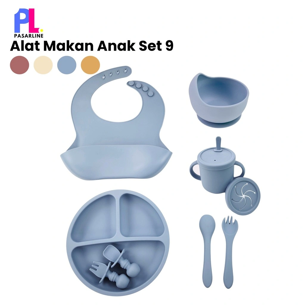 Pasarline 1 Set 9 pcs Alat Makan Anak Bahan Silikon Peralatan Makan Bayi Alat Makan Bayi Set