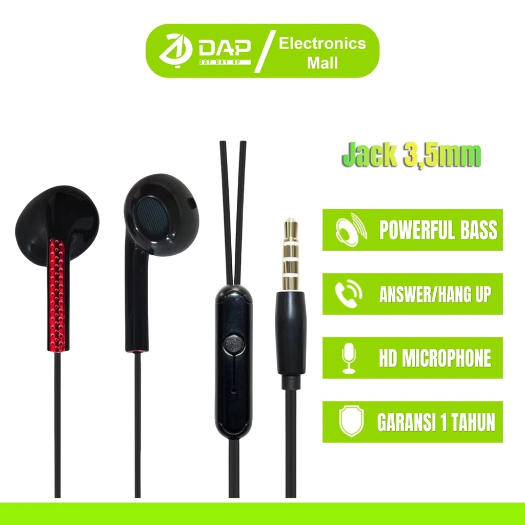 DAP DH-F2 Hands-free High Definition Stereo Headphones 3.5mm Semi-in-ear Wired Headphones- Garansi 1 Tahun