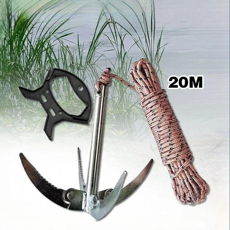 4 Cakar Sabit Jangkar Lipat Tahan Lama Besi Galvanis Untuk Hemat Tanaman Air, Hewan, Sampah Dari Air / Untuk Kapal Kecil Kano Aksesoris Pancing Dengan Tali 20m Dan Handle