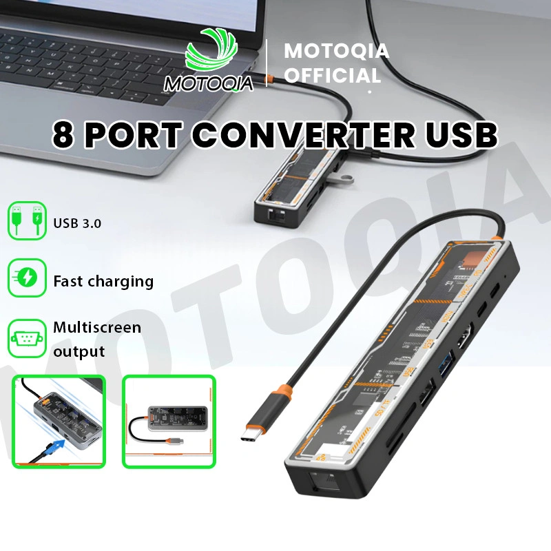 Laptop 8 In 1 Type-C Transparent HUB Laptop Docking Station untuk Dell HP For MacBook Pro Tipe C Dock HD PD 3.0 USB RJ45 VGA PD AUX TF/SD Card Reader