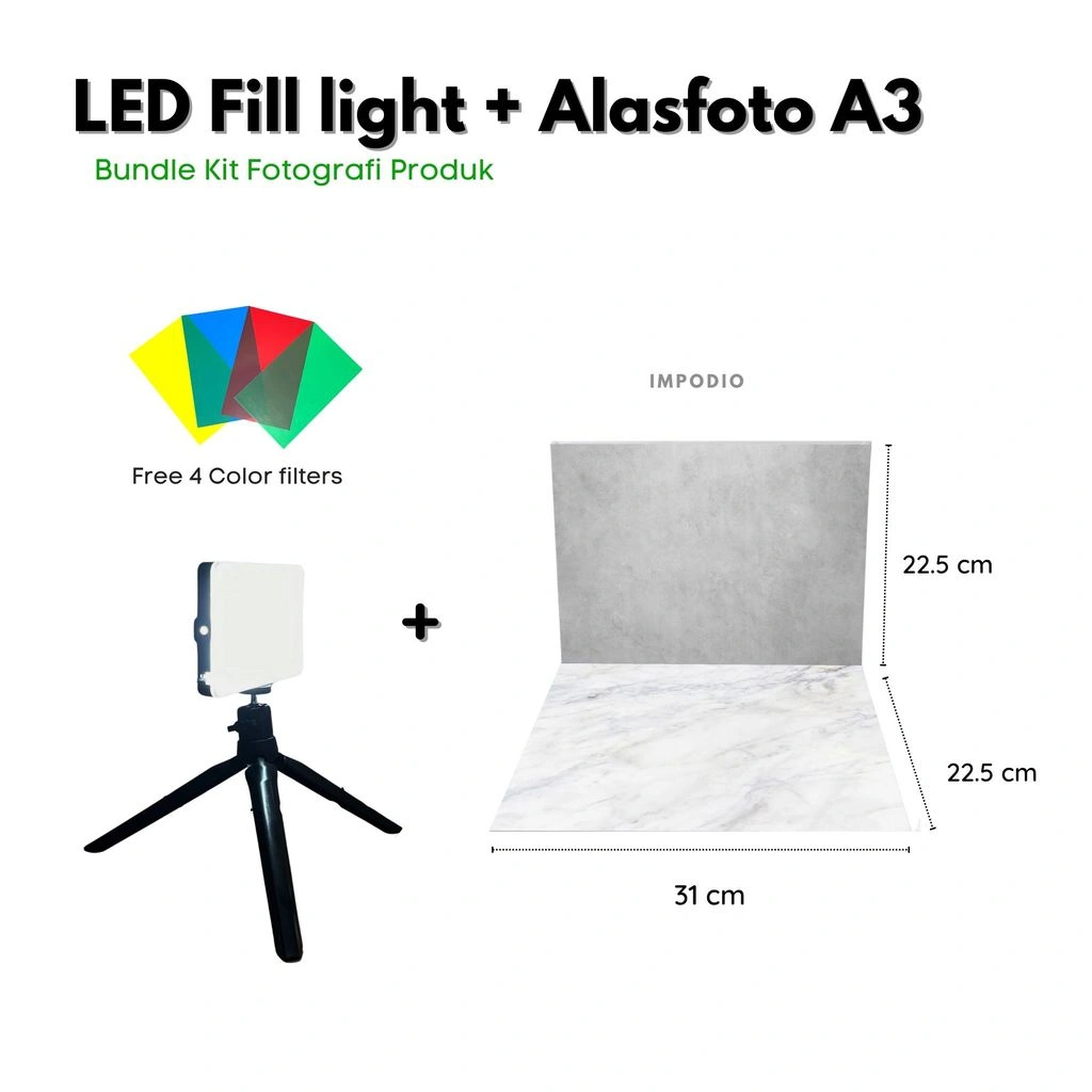 IMPODIO Paket Alasfoto SMALL + LED Fill Light -Bundle Kit Fotografi Produk