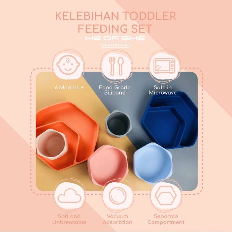 He Or She Toddler Feeding Set | Alat makan toddler bahan silikon | Piring, mangkok, cangkir bayi