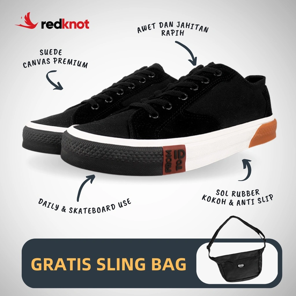 Redknot Melvin Hitam - Sepatu Sneakers Pria Cocok Untuk Skateboard Terbaik Bonus Tas Senilai 400.000
