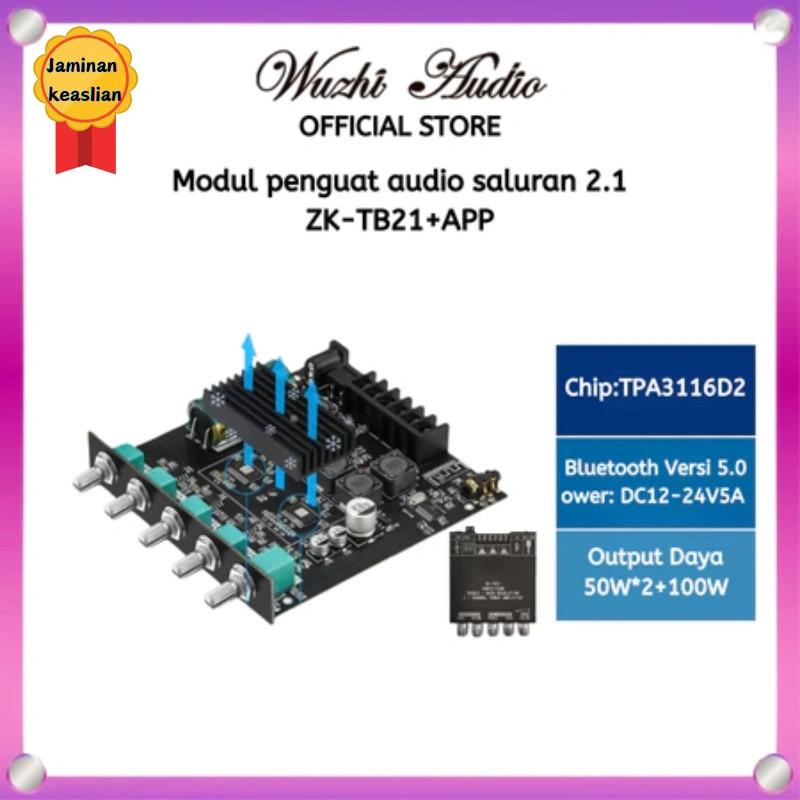 Wuzhi Audio | ZK-TB21/HT21/MT21/502MT 5.0 amplifier subwoofer 2.1 Board 50W*2+100W 2.1 Saluran Daya Audio Stereo Bass Amp TPA3116D2