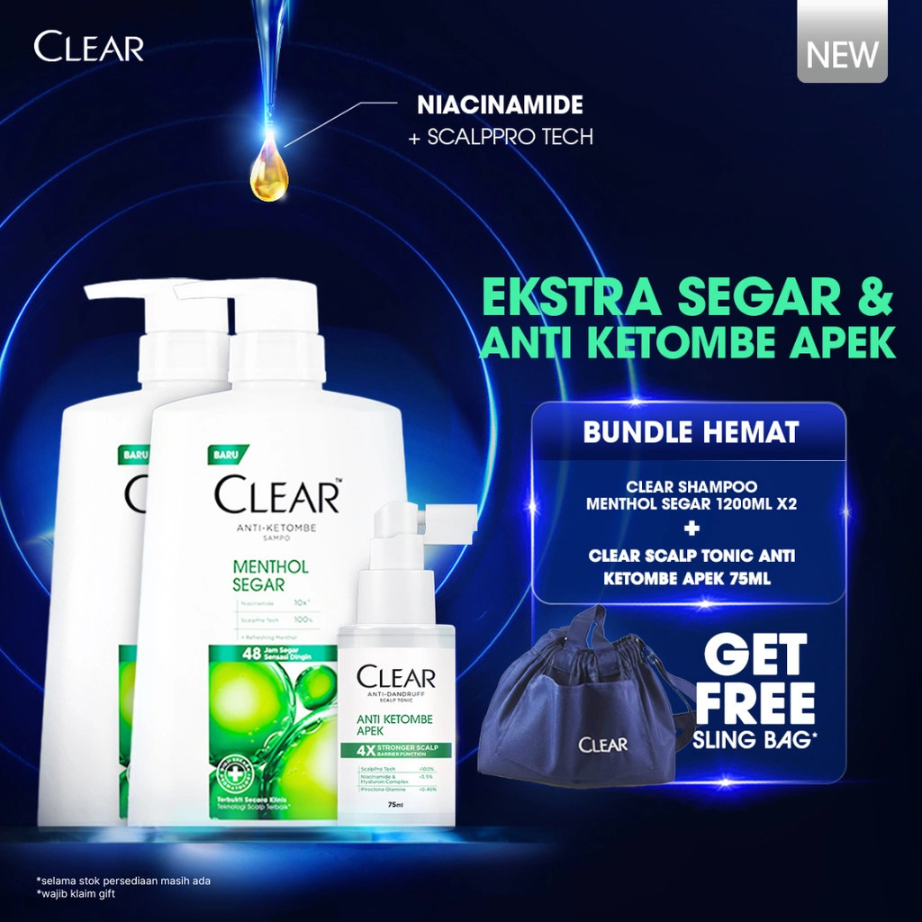 [BUNDLE ANTI KETOMBE APEK] CLEAR Shampoo Menthol Segar Anti Ketombe 1200 ml x2 + CLEAR Anti Dandruff Scalp Tonic Hair Tonic Anti Ketombe Apek 75ml