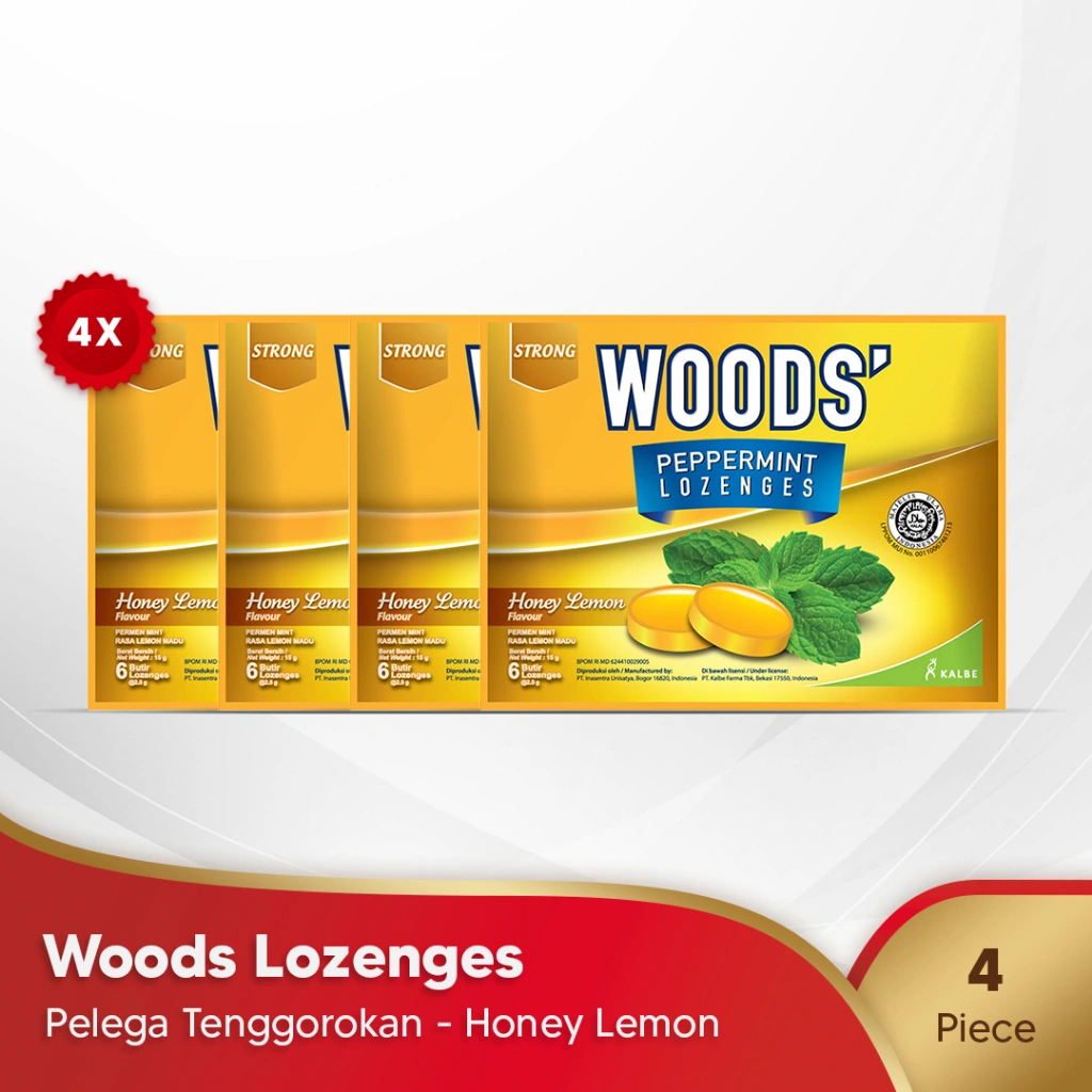 Woods Lozenges Honey Lemon 4 pcs - Pelega Tenggorokan