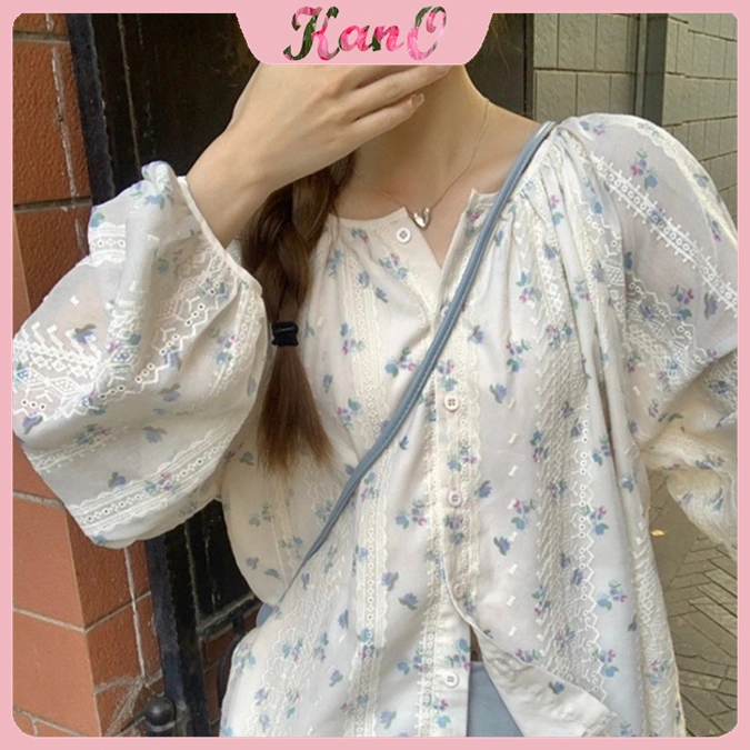 KANO Blouse bunga putih Korean Style lengan panjang hijab baju atasan wanita terbaru atasan wanita kekinian crop top batik wanita