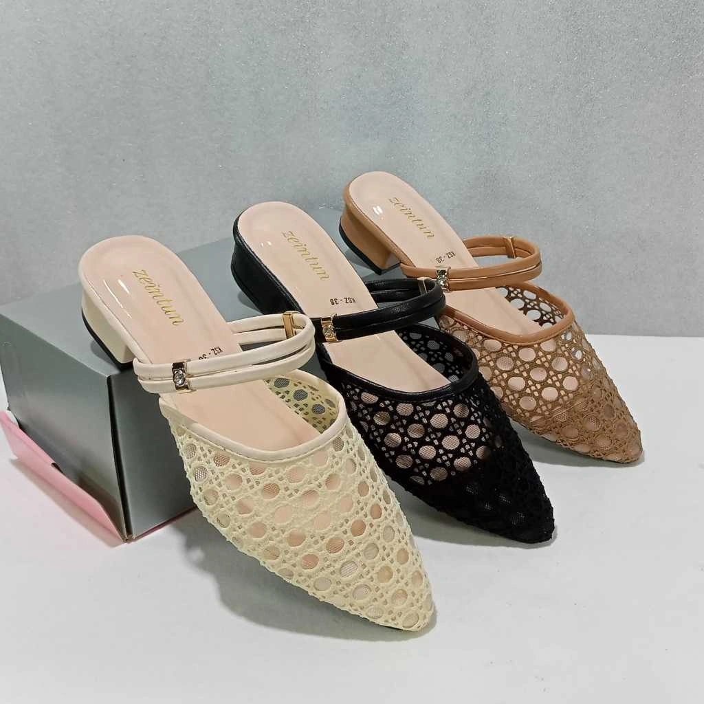 sendal sepatu slop heels bustong wanita hak tahu 3cm brukat permata