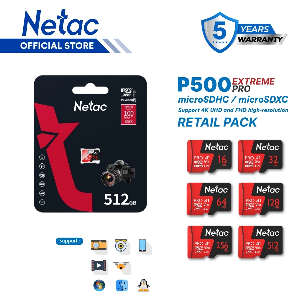 Netac MicroSD P500 Ultra / Extreme Pro 16GB/32GB/64GB/128GB/256GB MicroSDHC / MicroSDXC Card V30/A1/U3 Class 10 up to 100MB/s Retail Pack / Retail Pack with SD Adapter