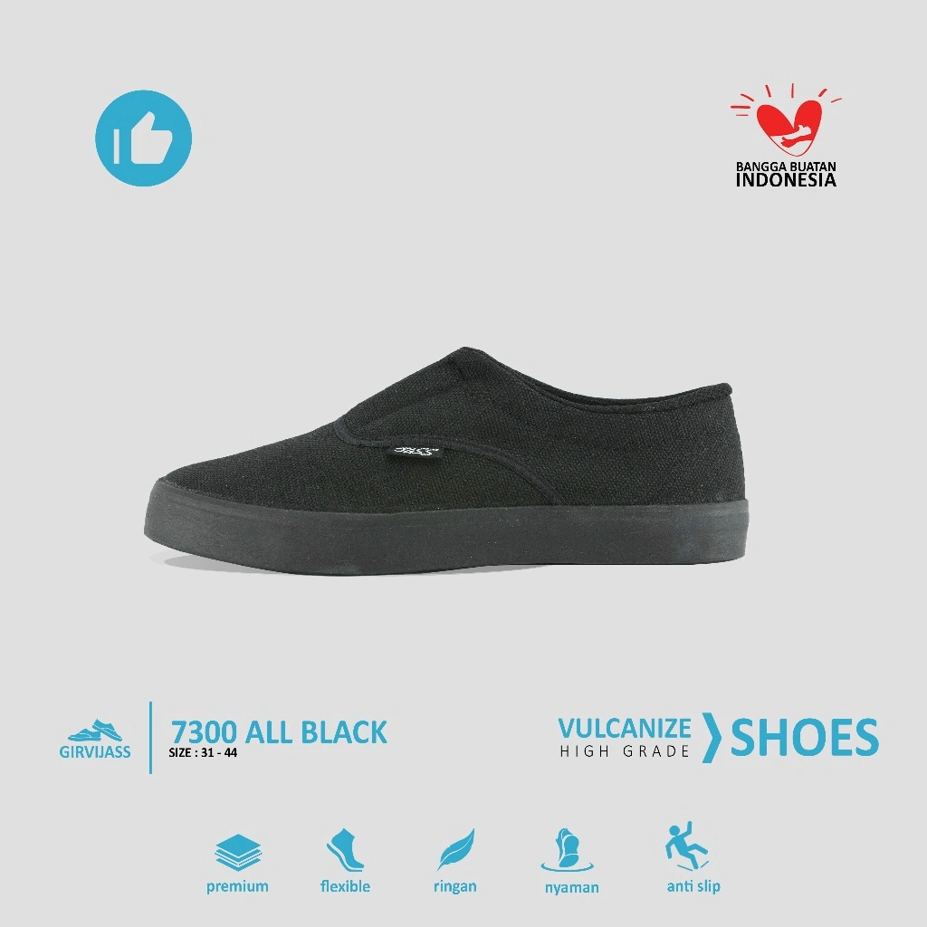 GIRVI 7300 Sepatu Sekolah Jass Kanvas Vulcanized Slip On Hitam Polos Ukuran 43–44