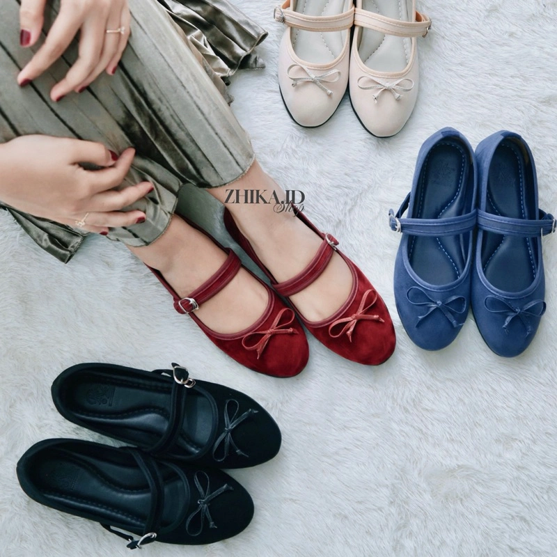 Sepatu Wanita Flatshoes Tali Pita Mary Janes Super Empuk Elegan Flatshoes Perempuan Kerja Casual