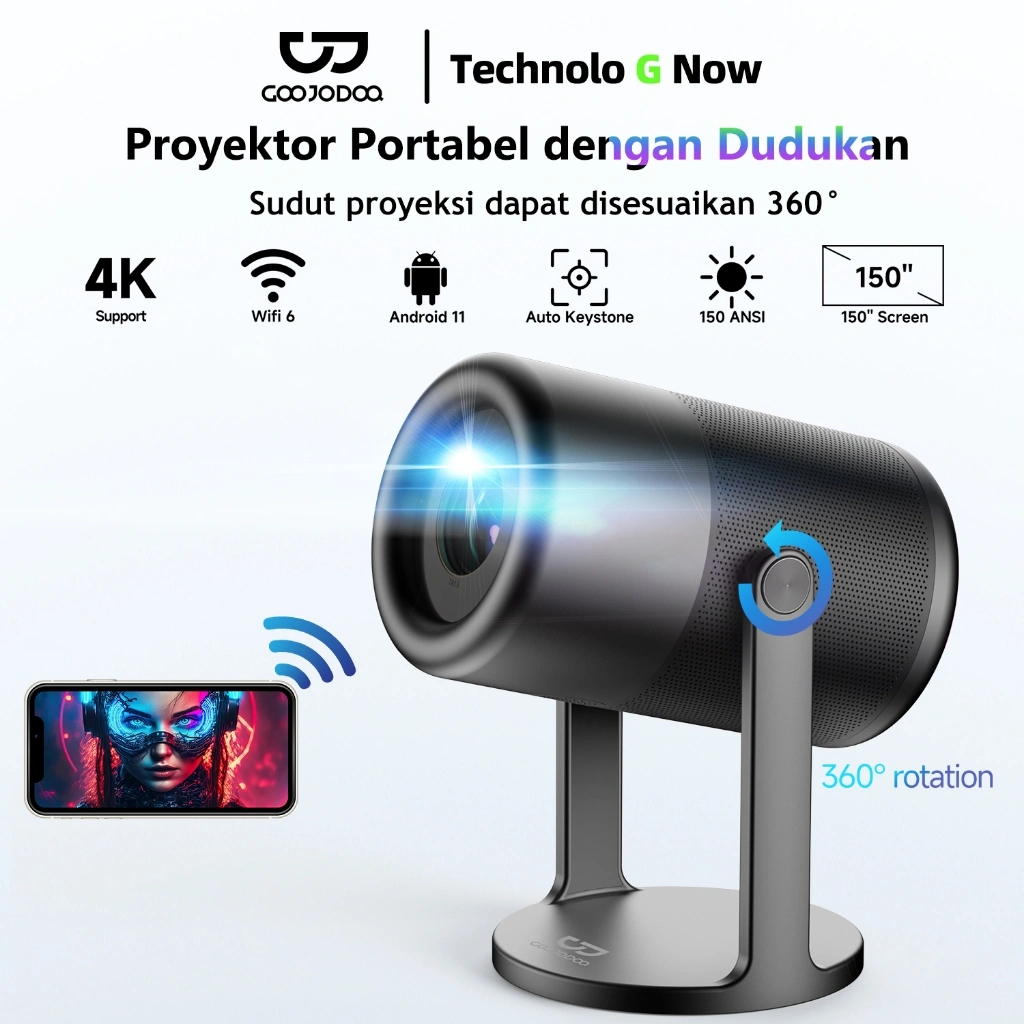 GOOJODOQ 4K Portable Proyektor with 360° Free Angle Projector HD1280*720P 250ANSI 150" Large Screen for Home Cinema Office Business Training