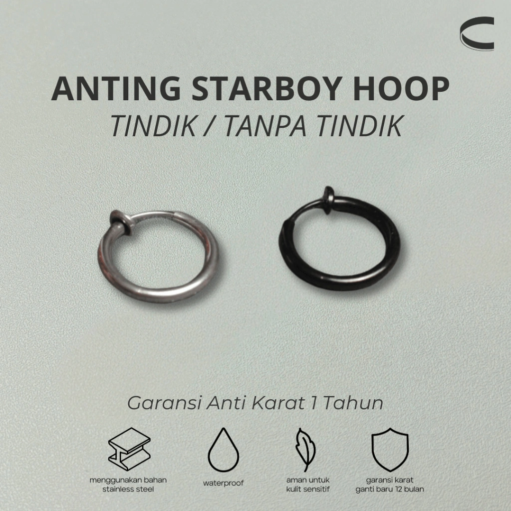 Anting Starboy Hoop Tempel Jepit Stainless Titanium Pria Wanita Unisex Hitam Putih