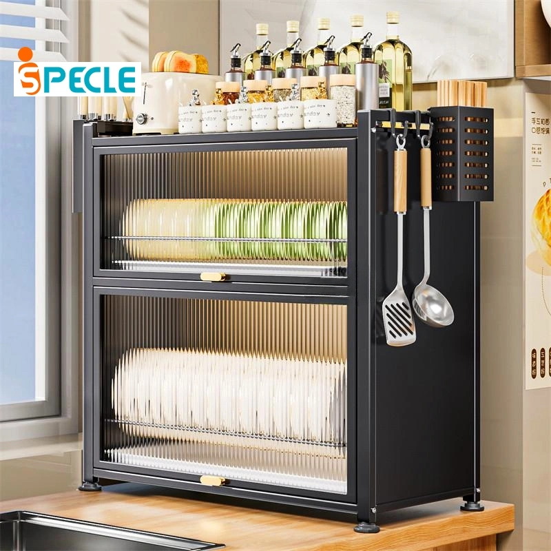 iSPECLE 2 Susun Lemari Piring Minimalis Rak Piring Tertutup Anti Debu Rak Piring Wastafel Rak Dapur Penyimpanan Dengan Pintu