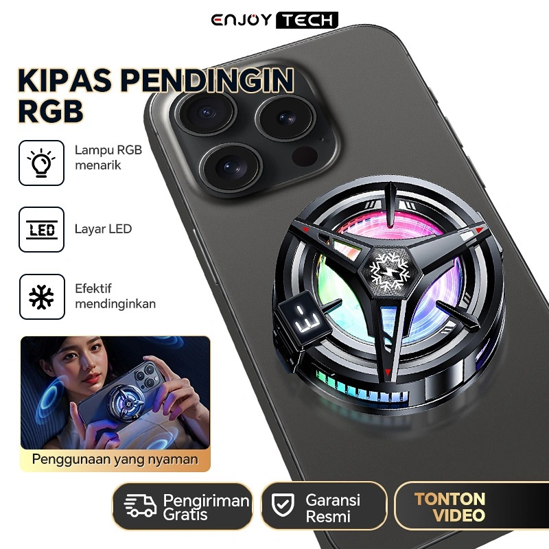 Fan Cooler HP Gaming Kipas Pendingin HP Cooling Pad Bisu Lampu Rgb Tampilan LED (Free 2 Klip + Stiker magnetik)