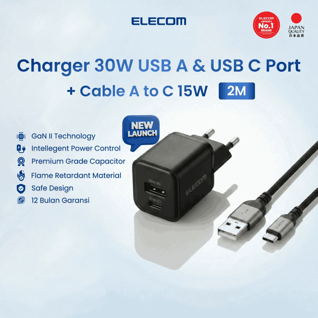 ELECOM Head Wall Kepala Charger 20W 30W GaN II C Dual Port USB Cable Fast Charging Type A to C C to C for Samsung IPhone 17 16 15 14 13