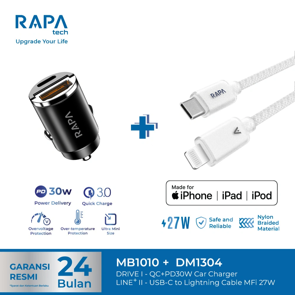 RAPAtech Car Charger DRIVE I 30W Fast Charging IPhone with C to Lightning MFi Cable