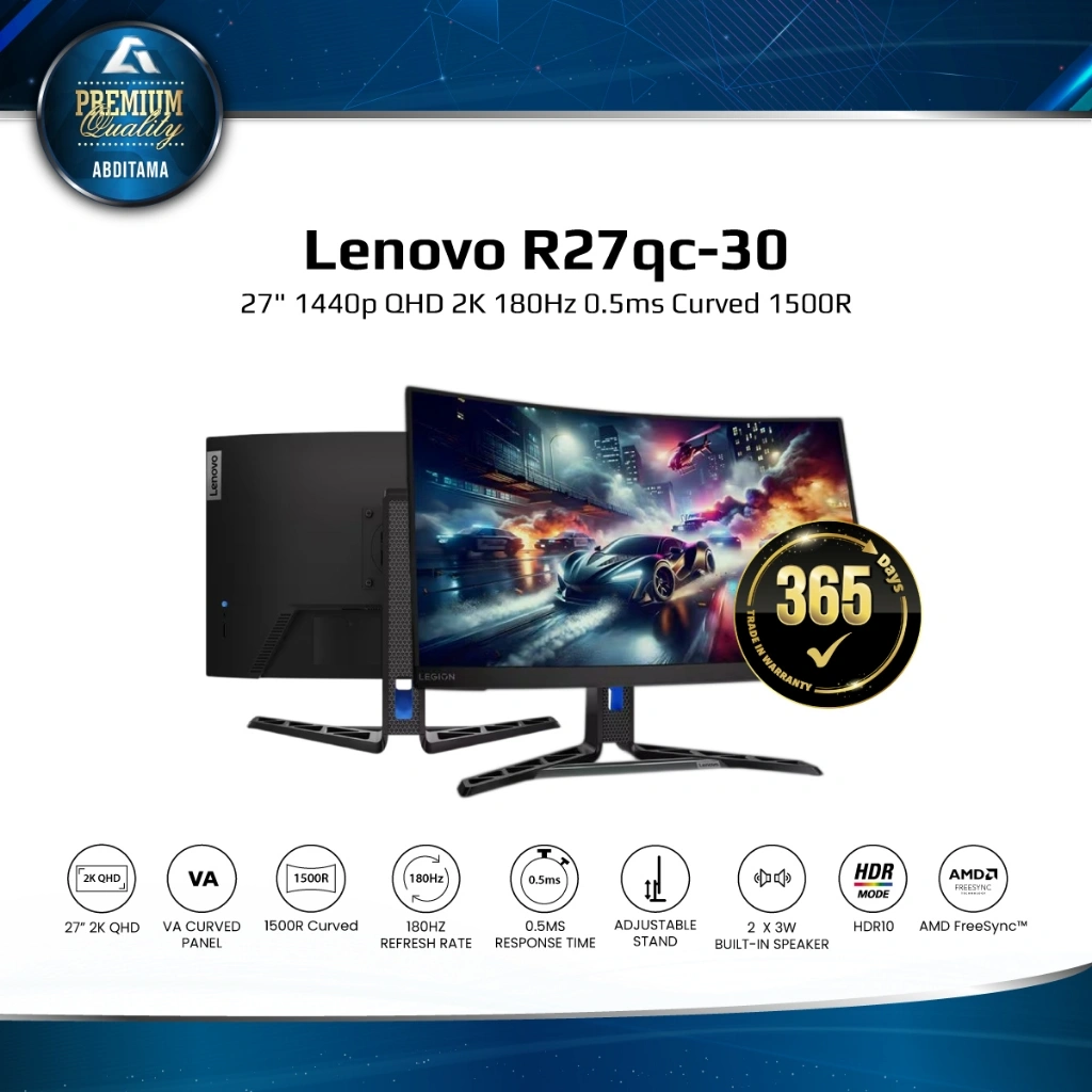 Monitor LED LENOVO R27qc-30 27" Curved 1440p QHD 2K 180Hz 0.5ms HDMI 2.1x2 DP 1.4x1 Curved 1500R Speaker Full Ergonomic Stand Vesa 100x100mm Nikmati keunggulan kompetitif dengan kecepatan refresh monitor yang sangat cepat