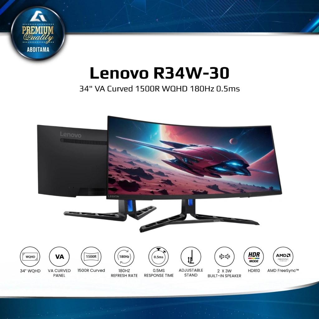 LENOVO Legion R34W-30 34" Curved 1500R VA WQHD 1440p 180Hz 0.5ms 99% sRGB HDMI2.1x2 DP1.4x1 FreeSync