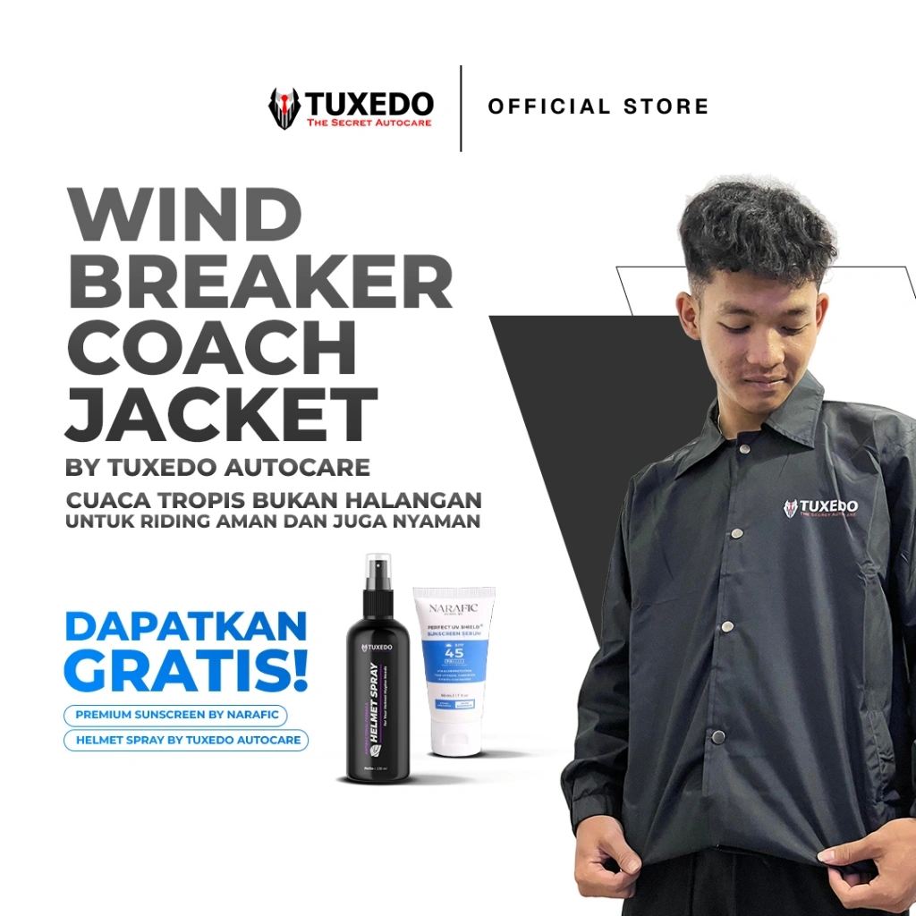 Tuxedo Autocare - Wind Breaker Coach Jacket [FREE SUNSCREEN + HELMET SPRAY]  Jaket Daily Riding Pria & Wanita | Jaket Motor Ringan Anti Angin | Cocok Buat Kado Pasangan