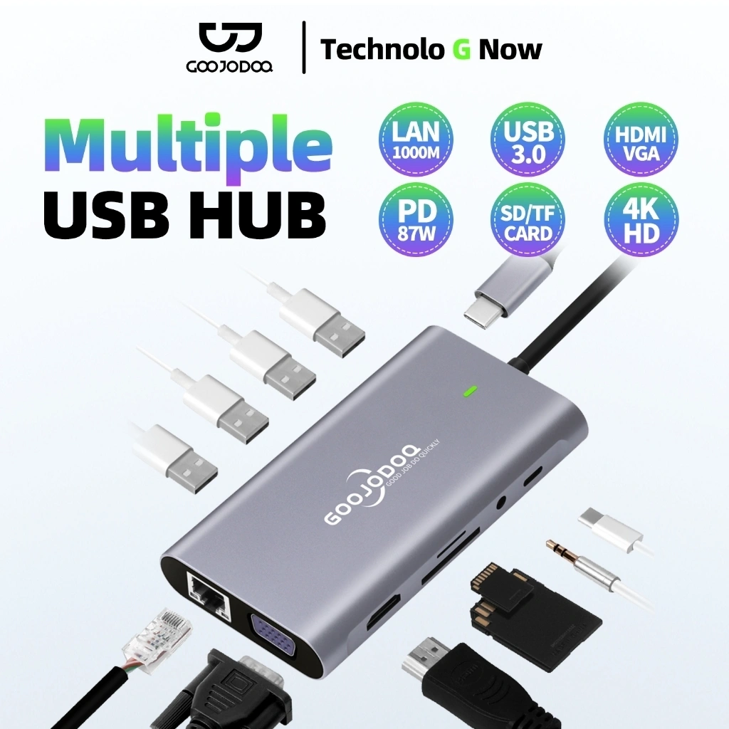GOOJODOQ 11-in-1 USB Hub 3.0 Port Type C Adaptor for Macbook Laptop PD Charger Audio VGA RJ45