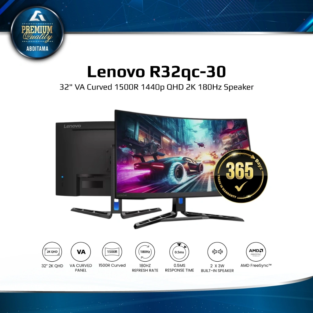 Monitor LED LENOVO R32QC-30 32" VA Curved 1500R 1440p QHD 2K 180Hz HDMI 2.1x2 DP 1.4x1 Speaker Ergonomic Stand 3-side Near Edgeless Design Adaptive-Sync Technology Natural Low Blue Light