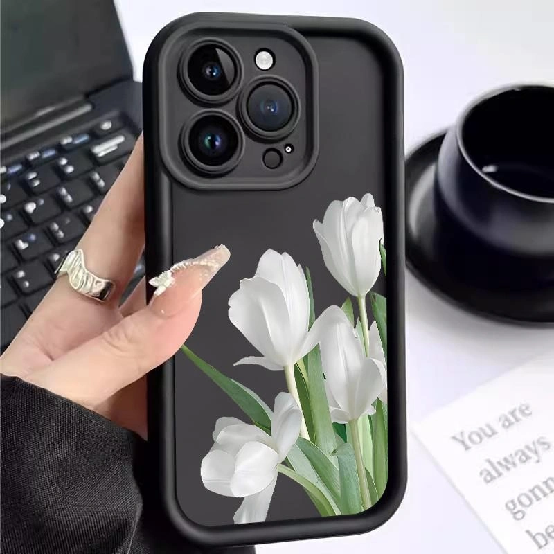 Case For Samsung J6 Plus + Prime J7 Pro A02 A022 A03 Core A10 A7 2018 A750 F Grand J2 Ace J4 J415 M02 M022 M21 2020 2021 M30s On7 2016 Soft Silicon TPU Simple Deluxe White Tulips Pink Tulip Lens Prtec
