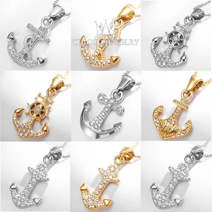CHICCO JEWELRY Pirate anchor 42 pendant light luxury micro-inlaid zircon necklace titanium steel vacuum gold-plated diamond personalized necklace Adjustable Aksesoris anti luntur, anti perubahan wara, Garansi 1Tahun COD