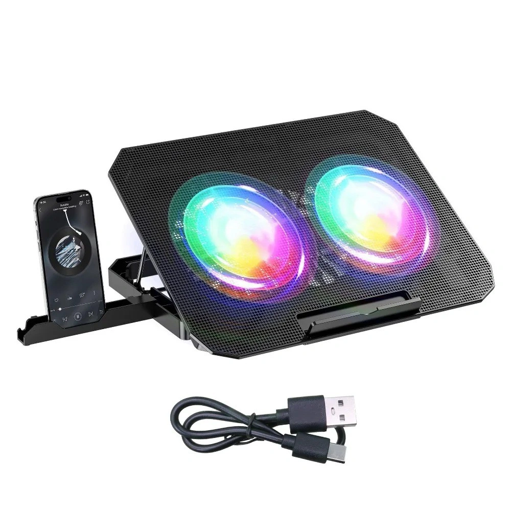 Laptop Cooling Pad Dual Fan RGB 12–17 Inch 1300RPM Adjustable Height Metal Mesh Silent Fan Extra USB Port Phone Holder 5V 4W Ergonomic Stand Universal Notebook Cooler Gaming Accessories