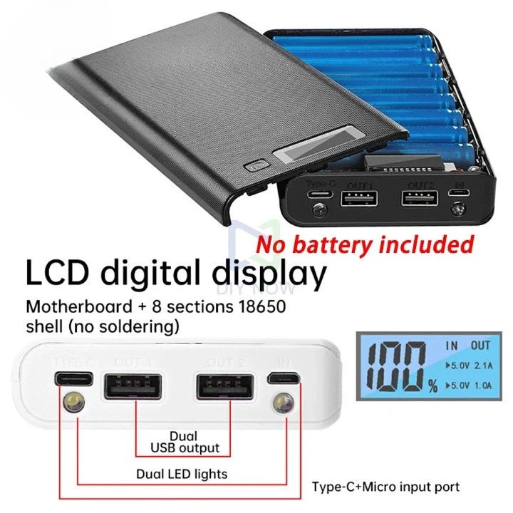 DIY Box Wadah Power Bank Rakitan Case 8 Slot 18650 LCD Display Dual USB Flashlight Kapasitas Hingga 26400mAh Input Type C Micro USB Rakitan Powerbank Custom Charger Gadget Travel Portable Tebal Kokoh