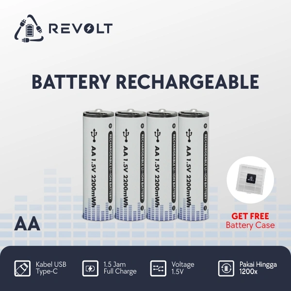 [PAKET HEMAT 1] Revolt - 4 Pcs FREE Casing Baterai Isi Ulang AA 1.5V USB Type-C Tahan Lama / Rechargeable Lithium Ion Battery