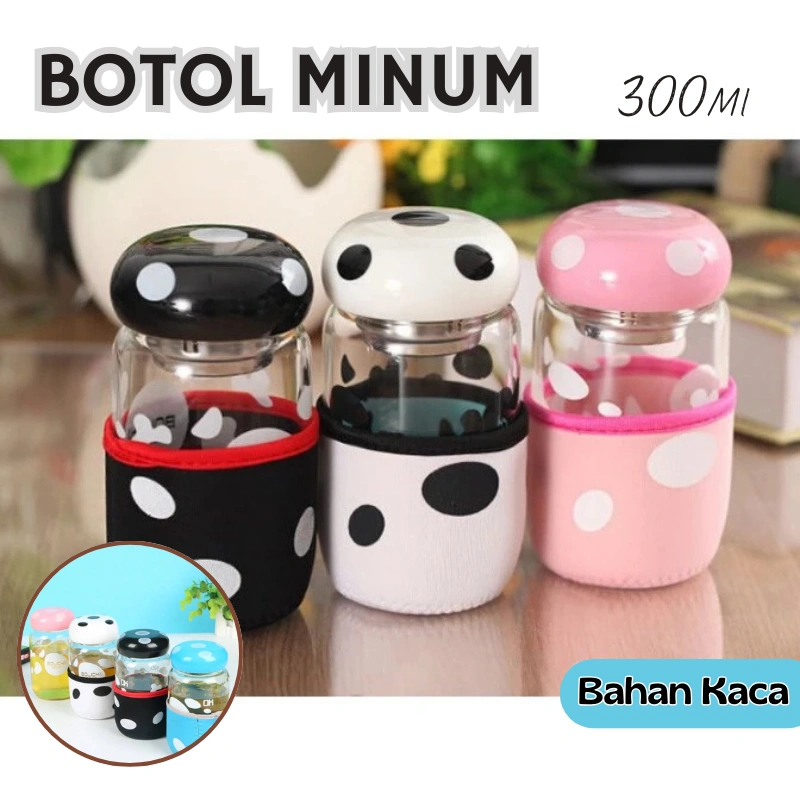 Botol Minum Anak Kaca Gelas 300ml Tumblr Bentuk Jamur Mushroom Water Bottle School Anti Bocor