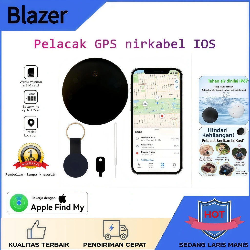 Airtag Apple GPS Tracker Kompatibel dengan Find My - GPS Mini Pelacak Lokasi untuk Mobil Kunci Tas Hewan Peliharaan IP67 Waterproof Baterai CR2032 Kualitas Premium
