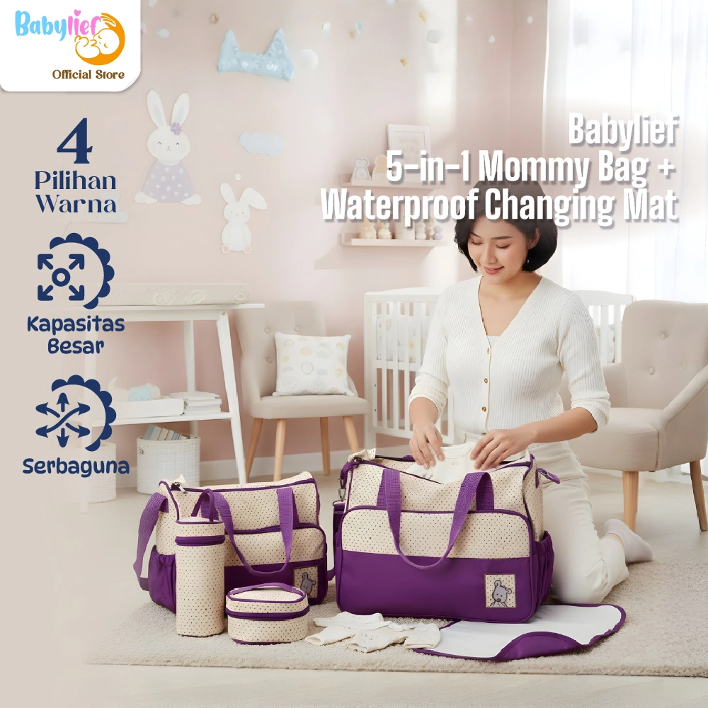 Babylief Mommy Bag + Waterproof Changing Mat – Tas Bayi Multifungsi untuk Popok, Botol, MPASI BL019
