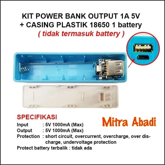 Kit Power Bank 1A 5V 1 Slot Batre/Baterai 18650 + Casing Plastik