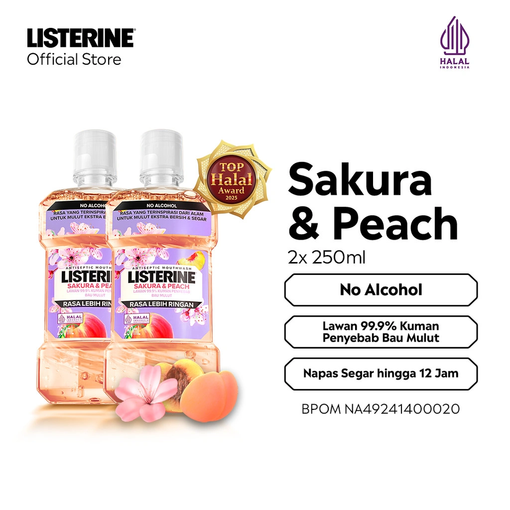 LISTERINE Sakura & Peach Antiseptic Mouthwash / Obat Kumur Antiseptik Lawan Bau Mulut - 250 ml isi 2
