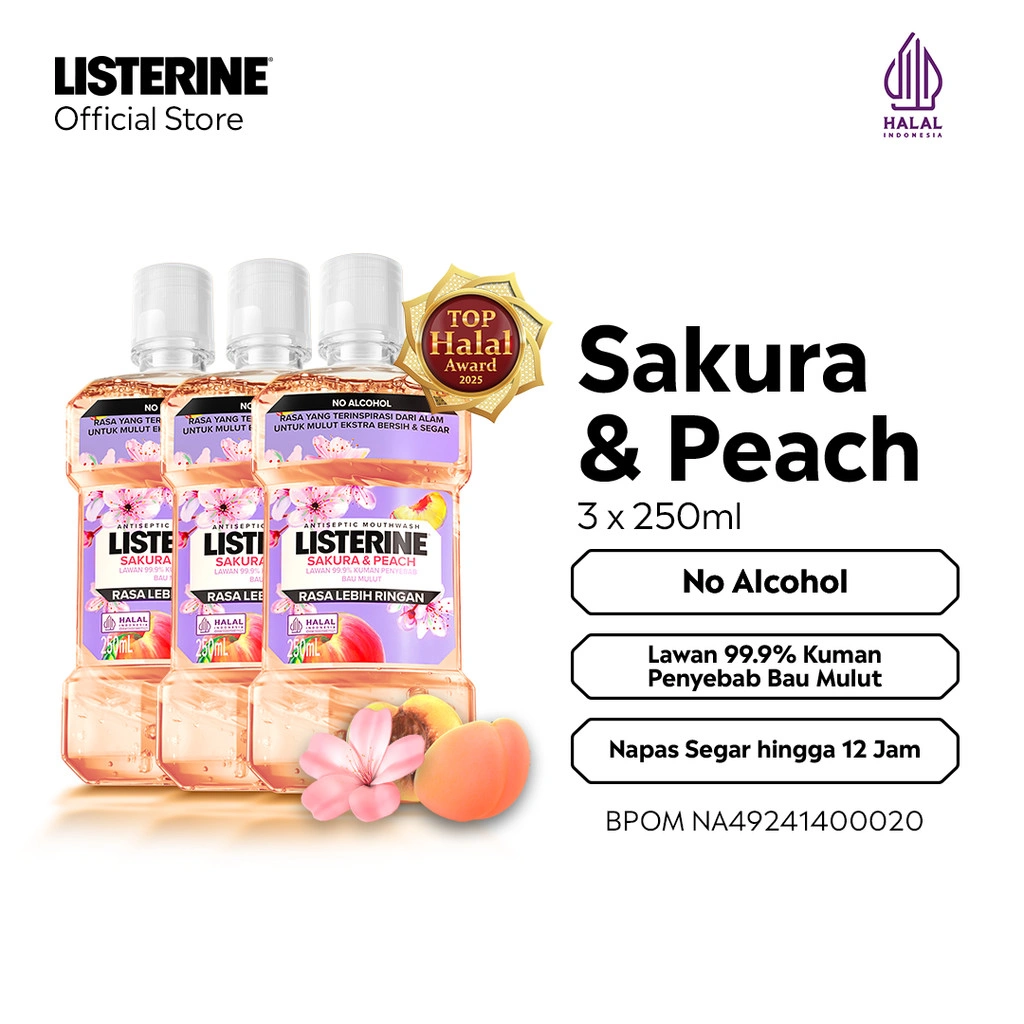 LISTERINE Sakura & Peach Antiseptic Mouthwash / Obat Kumur Antiseptik Lawan Bau Mulut - 250 ml isi 3