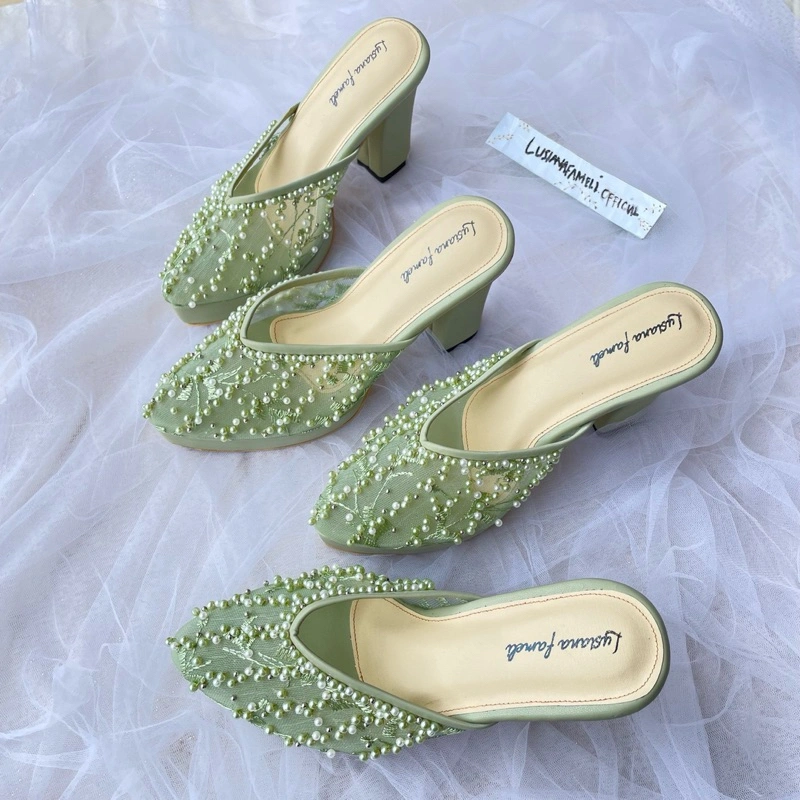 Lusiana seodabi I Sepatu pengantin heels payet custom kondangan  sepatu heels wedding brukat  wanita kondangan sepatu pesta  Selop Brukat Wedding Shoes/Kondangan/Wisuda/Lamaran warna sage green