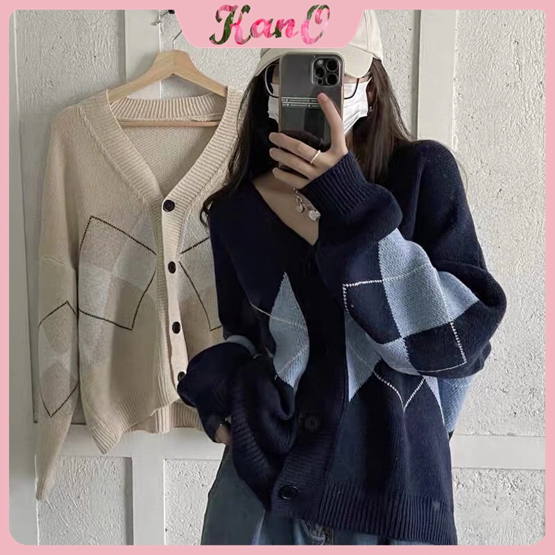 KANO Cardigan Rajut Oversize Motif Plaid Premium Cardigan Korean Style Soft Knit Motif Plaid Outer Wanita