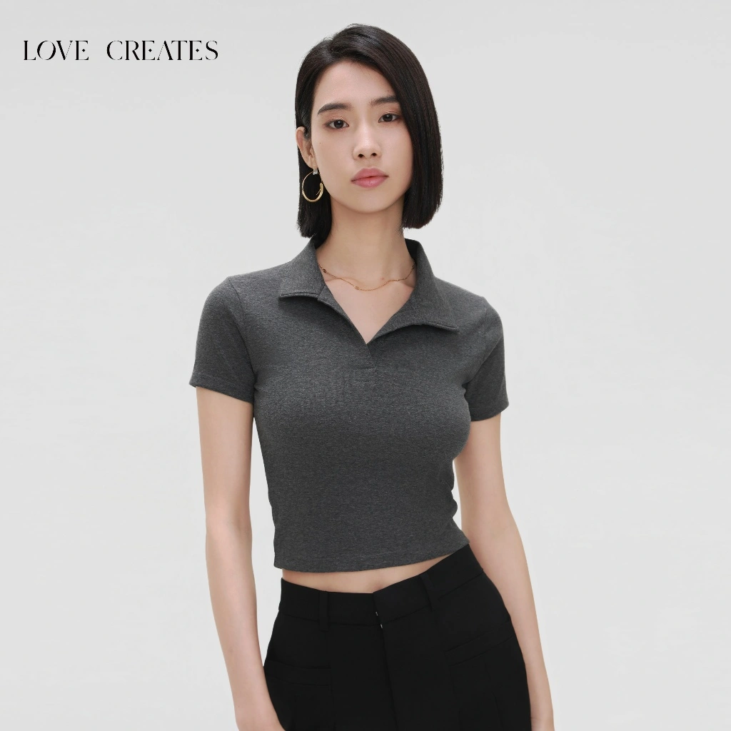 Love Creates Crop Top Wanita V Kaos Polo Atasan Cropped Stretchy T-Shirt Lengan Pendek (LCDX01)
