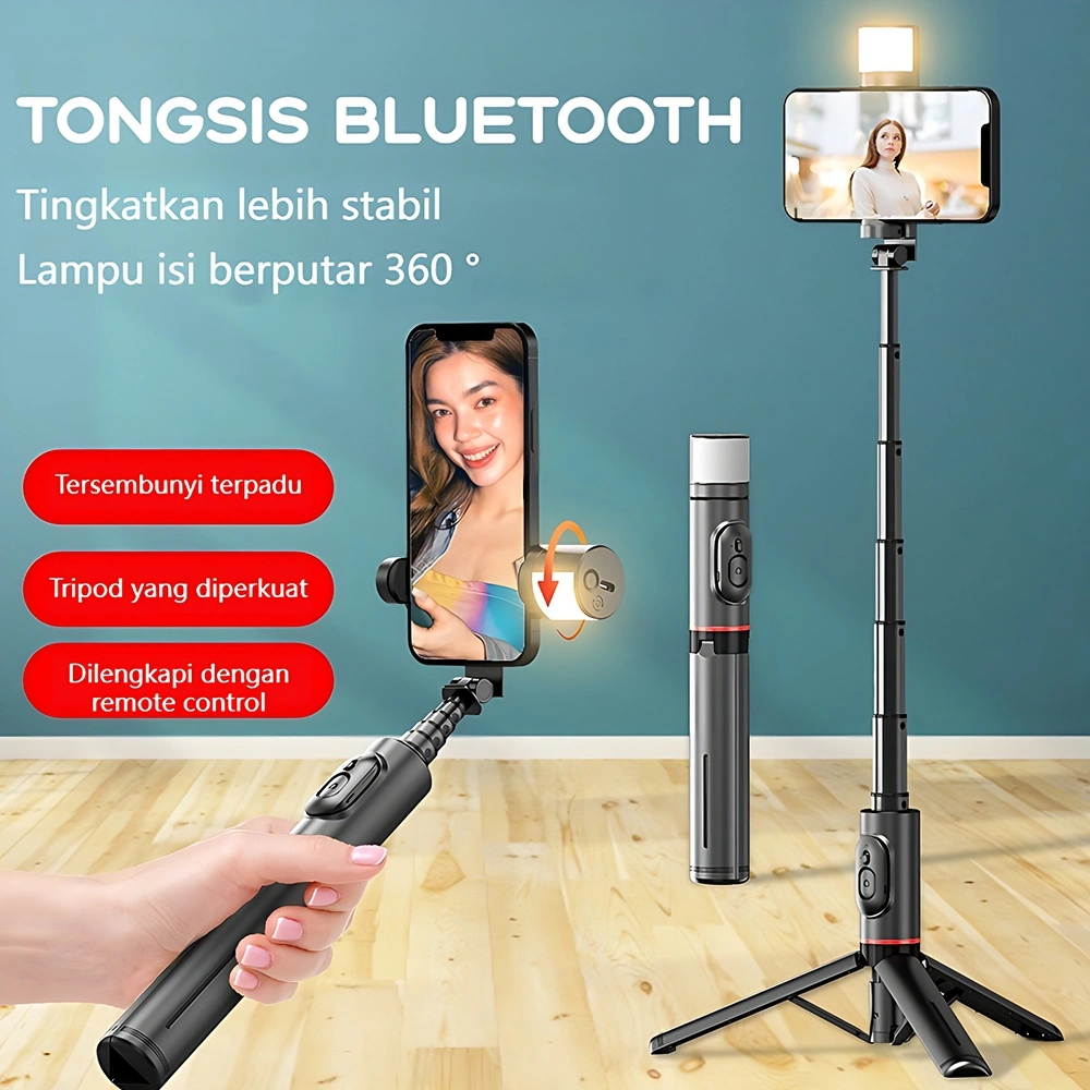 360° Mini Selfie Stick Tongsis Bluetooth Tripod LED Fill Light TONGSIS Phone Telescopic Selfie Stick Q12s Tripod With Fill Light untuk