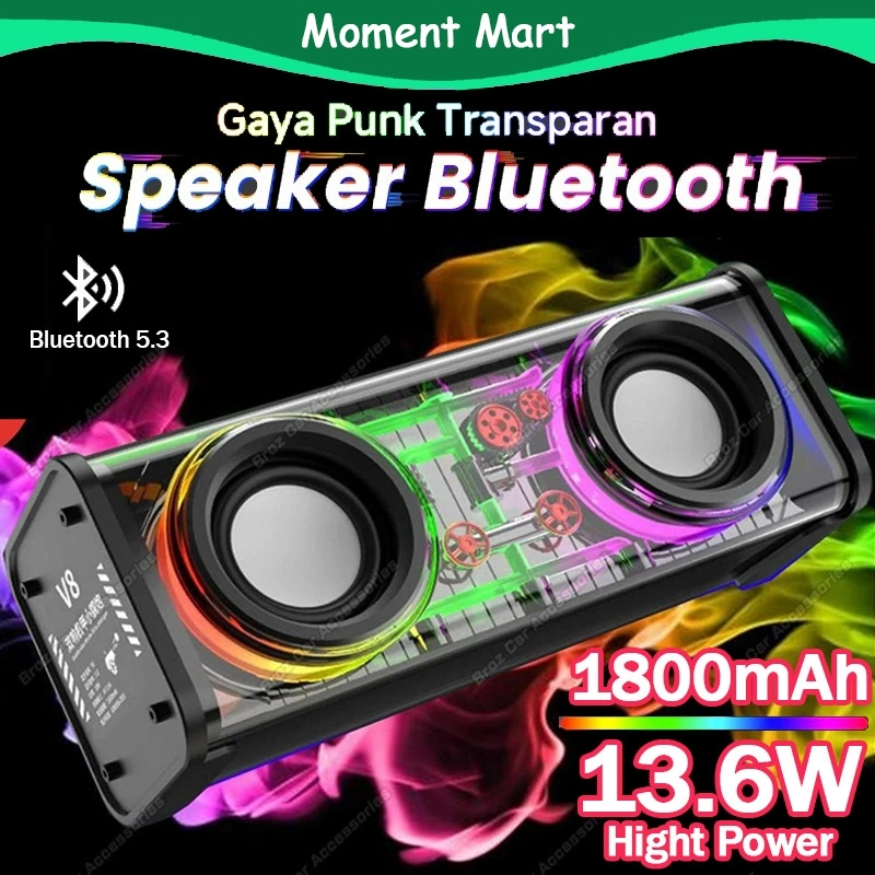 13.6W Bluetooth Speaker Double Subwoofer Music Speaker RGB LED Light Transparent Cyberpunk Speaker