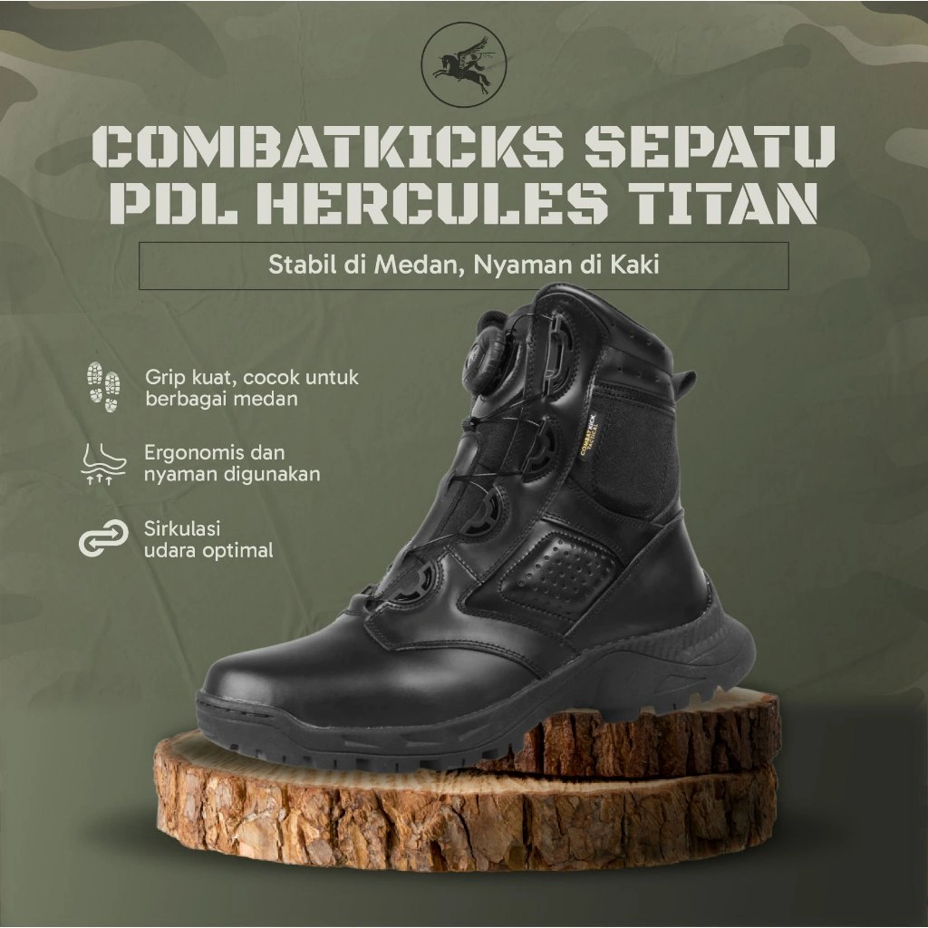 Sepatu PDL TNI Polri Hercules Titan Kulit Sapi Tali Putar Boa System Desain High Cut Insole Tebal 4Mm Anti Slip By COMBATKICKS